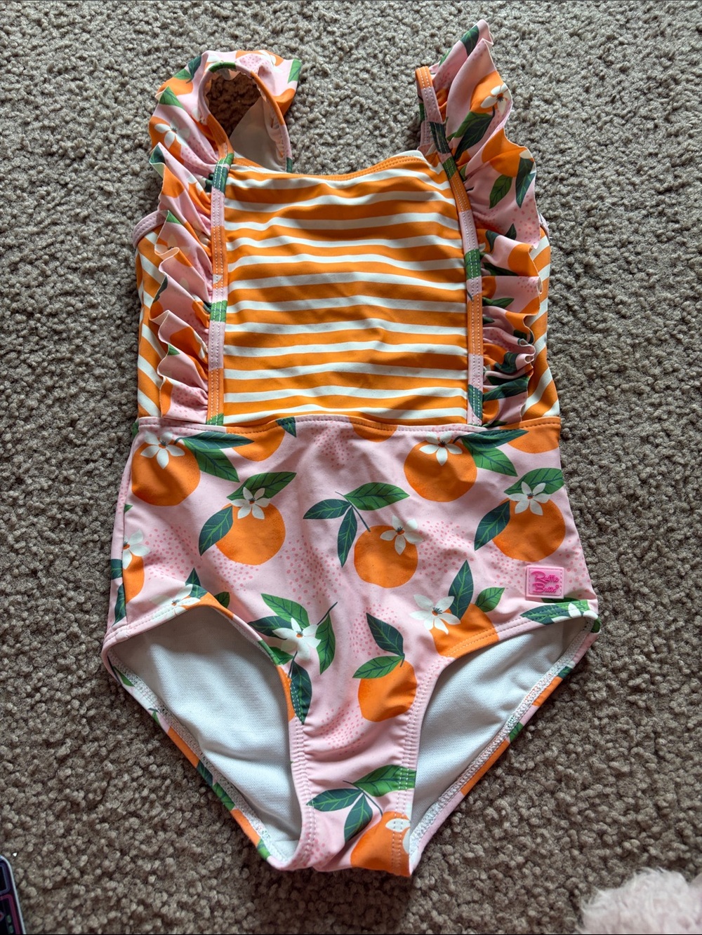 B51 Ruffle Butts 6Y 1pc Swim, Orange and Stripe Print